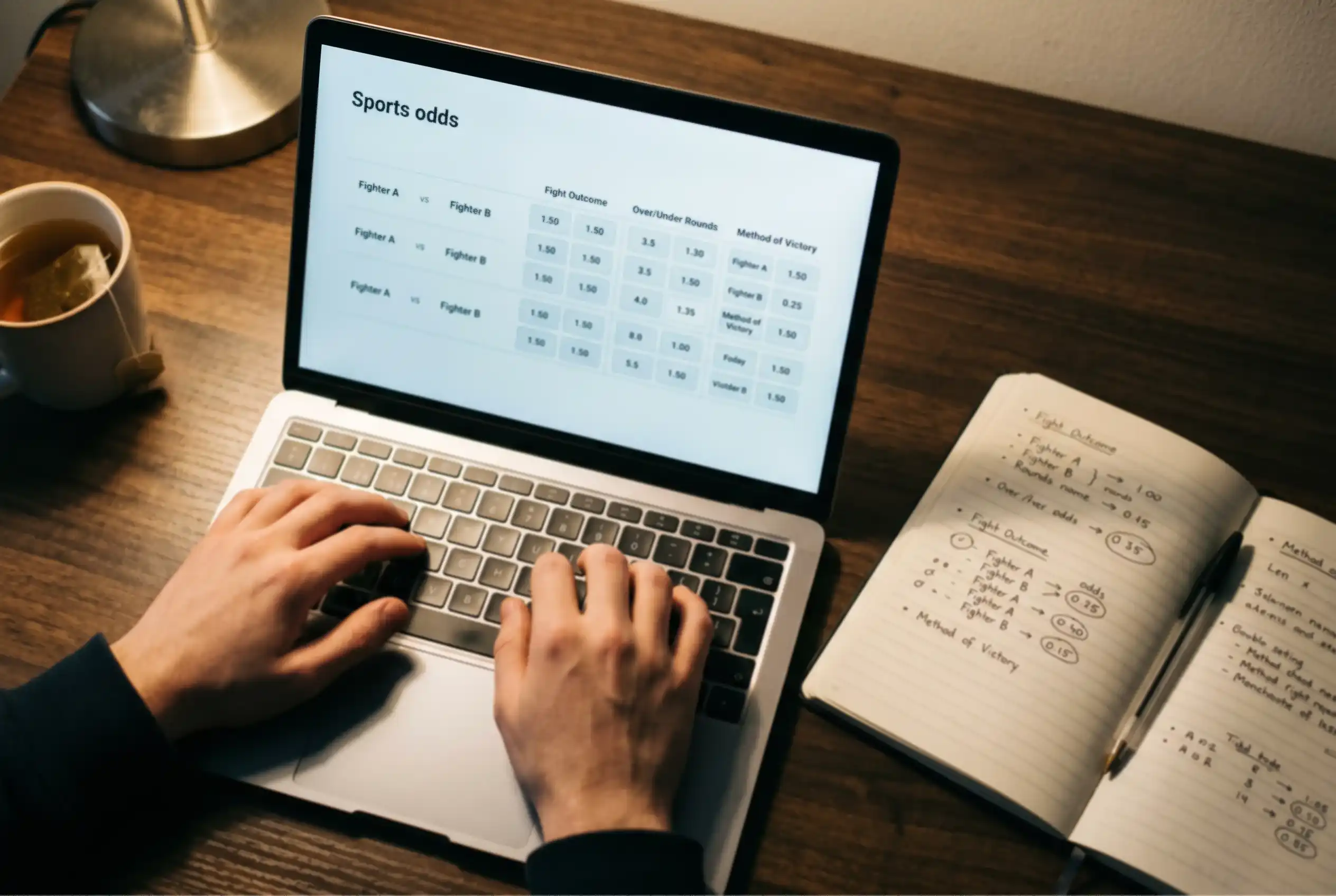 Person reviewing UFC fight odds on a laptop screen with a notebook and pen beside the keyboard