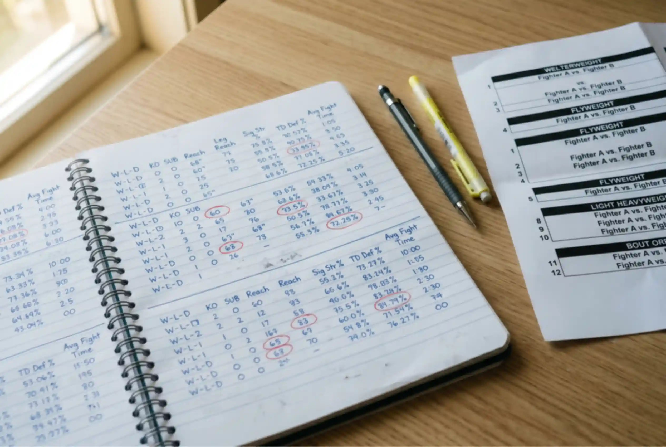 Fighter statistics notebook with handwritten notes next to a printed UFC bout sheet on a wooden table